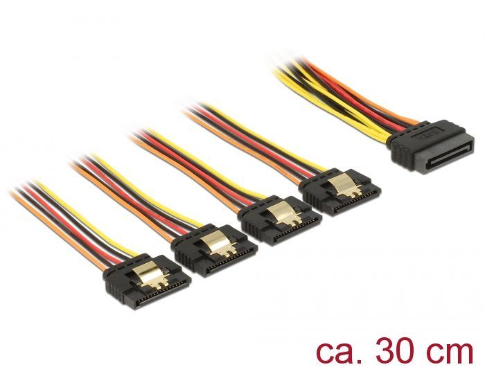 DeLock SATA 15 pin power plug with latching function > SATA 15 pin power receptacle 4x straight 30cm cable
