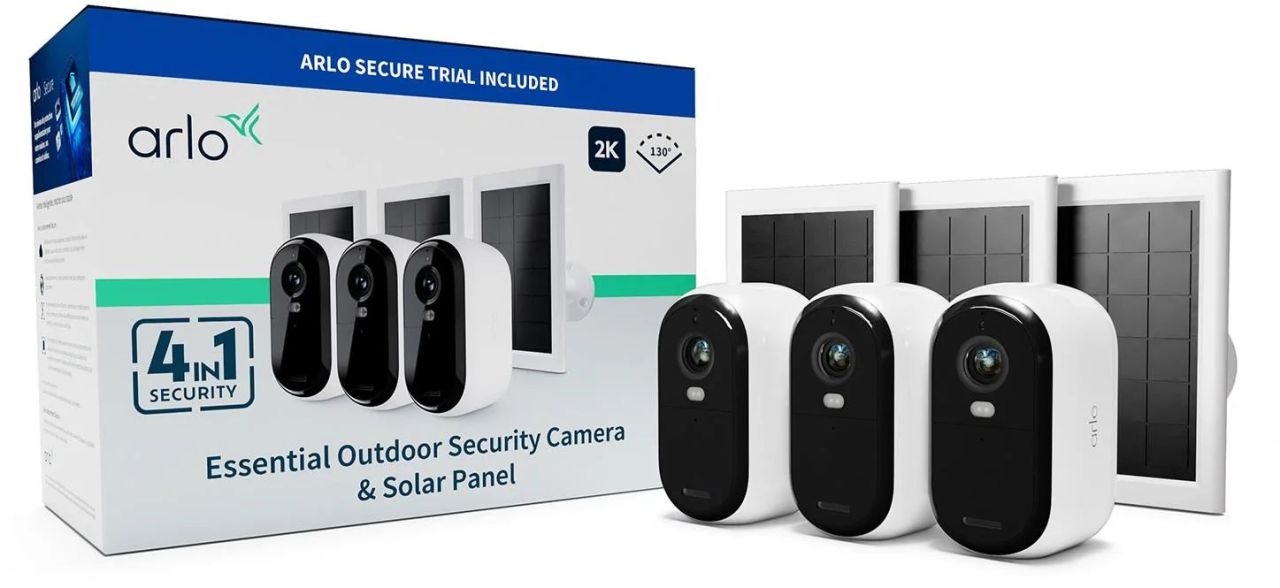 Arlo Essential (Gen.2) Bundle 2K Outdoor Security Camera (3 Camera Kit) + (3 Essential Solar Panel Charger) White