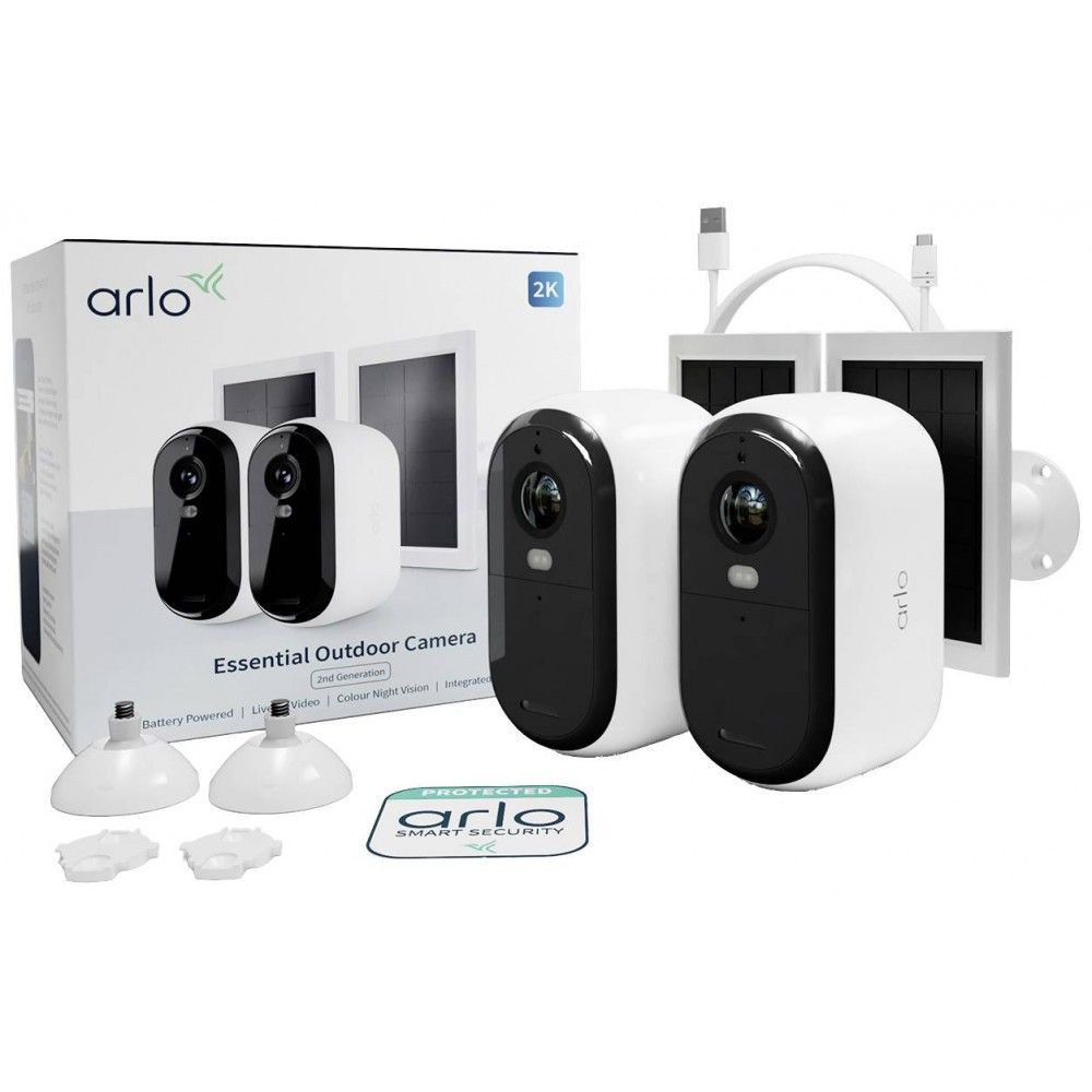 Arlo Essential (Gen.2) Bundle 2K Outdoor Security Camera (2 Camera Kit) + (2 Essential Solar Panel Charger) White