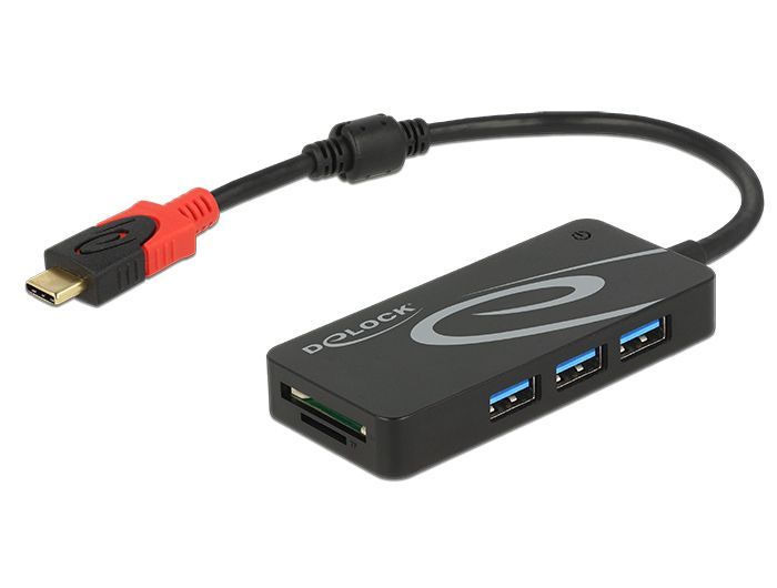 DeLock External USB 3.1 Gen 1 Hub USB Type-C > 3xUSB Type-A + 2Slot SD Card Reader Black