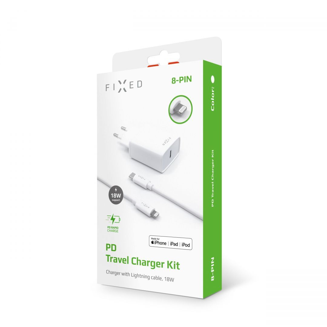 FIXED set of travel charger with USB-C output and USB-C/Lightning cable, PD support, 1 meter, MFI, 18W Fehér