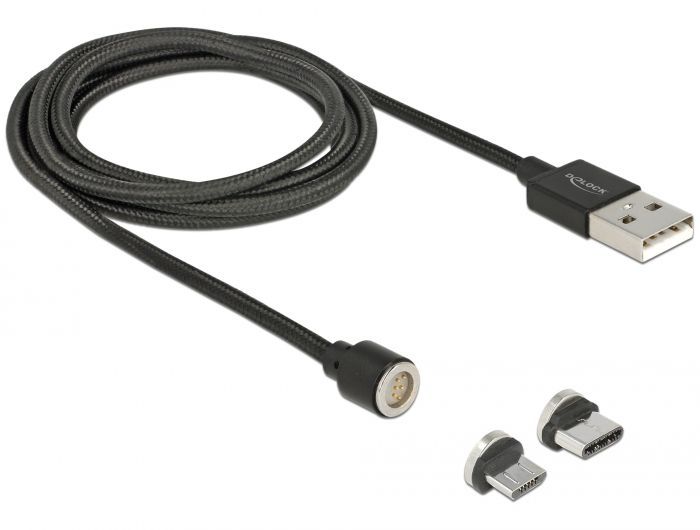 DeLock Magnetic USB Data and Charging Cable Set for Micro USB / USB Type-C 1,1m Black