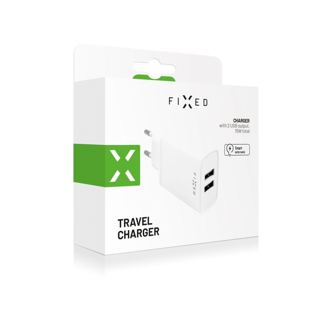 FIXED S mains charger with 2xUSB output, 15W Smart Rapid Charge Fehér