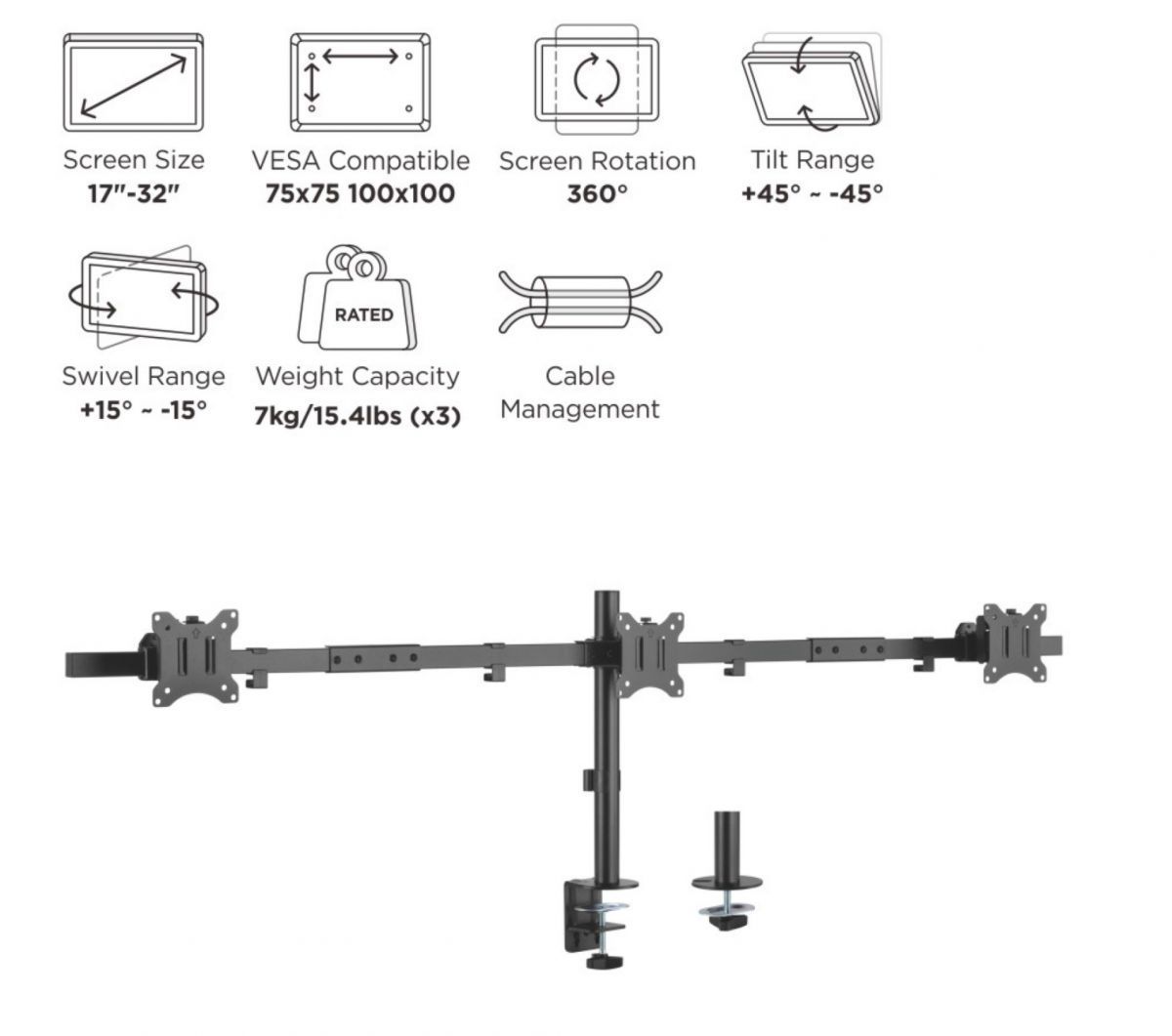 EQuip 17"-32" Articulating Triple Monitor Desk Mount Bracket Black