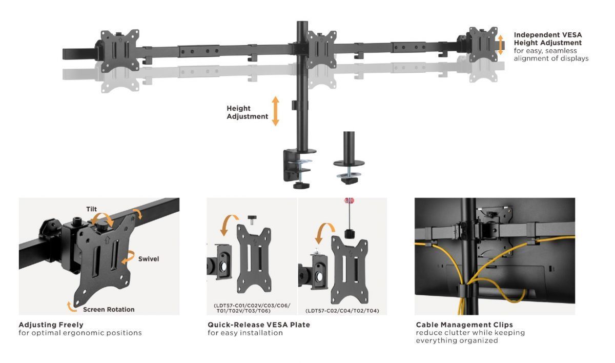 EQuip 17"-32" Articulating Triple Monitor Desk Mount Bracket Black