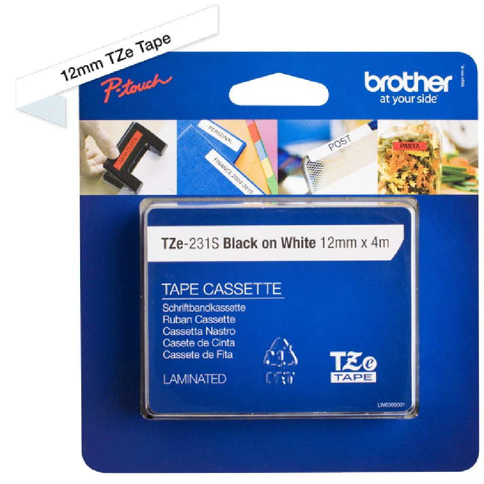 Brother TZE-231s laminált P-touch szalag (12mm) Black on White - 4m