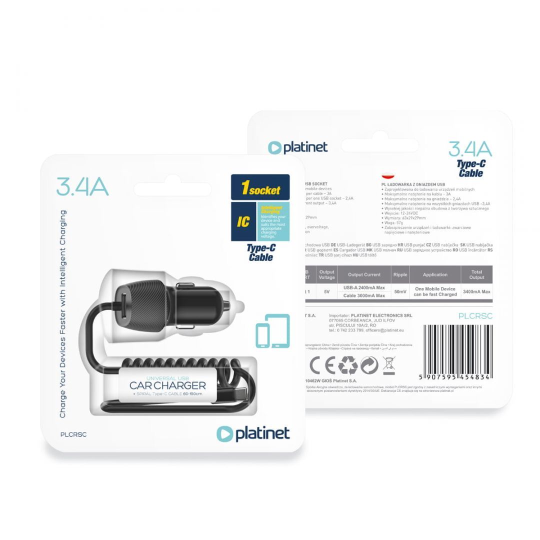Platinet PLCRSC Car Charger Spiral 3,4A USB Type-C cable Black