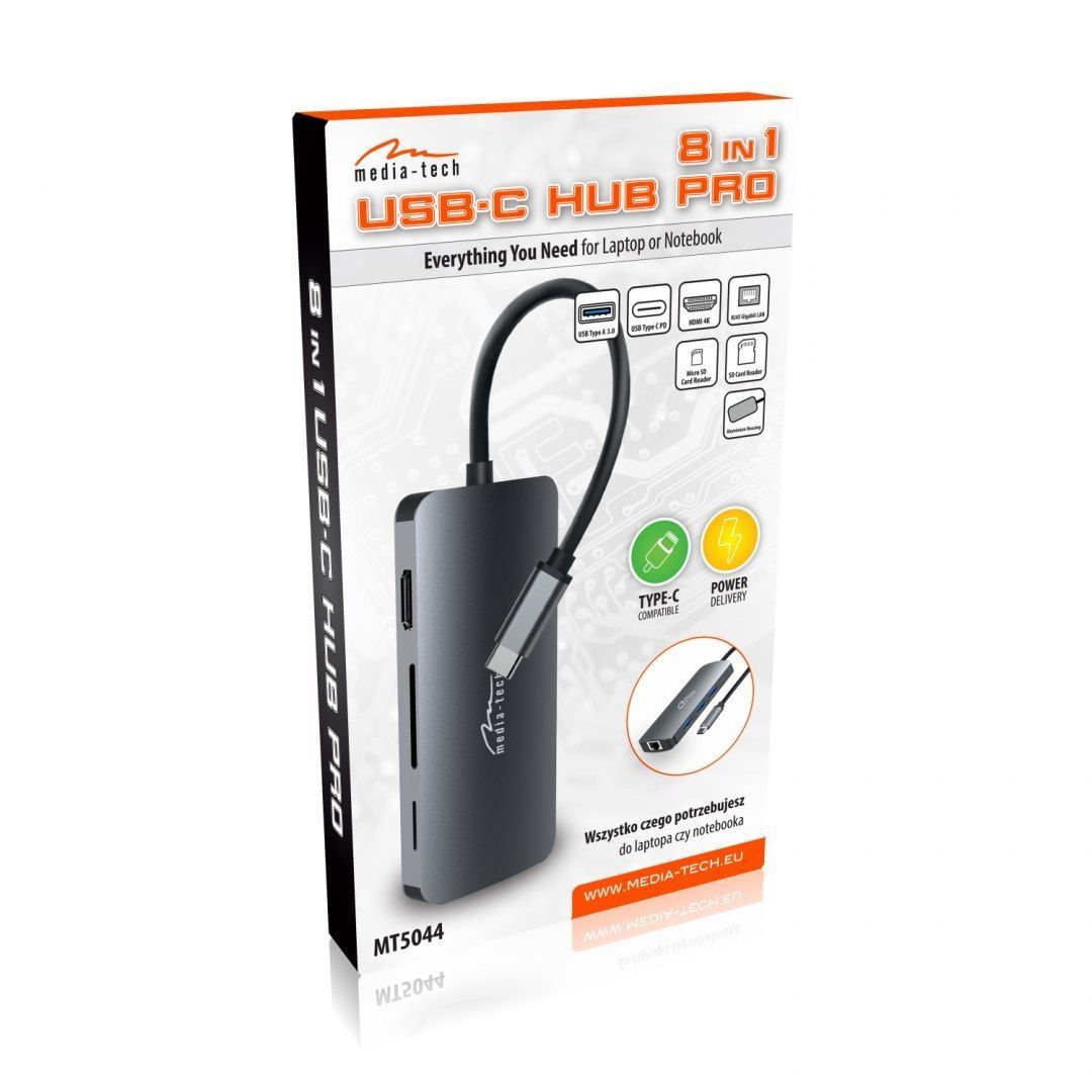 Media-Tech MT5044 8 in 1 USB-C HUB PRO Grey
