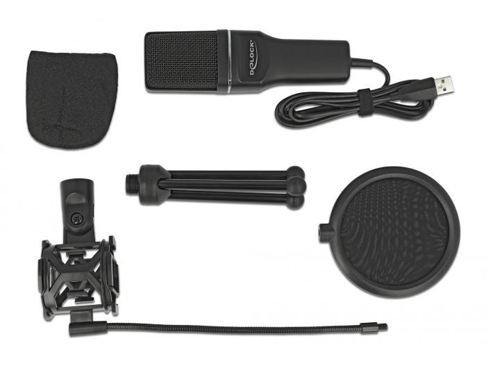 DeLock USB Condenser Microphone Set for Podcasting, Gaming and Vocals Black