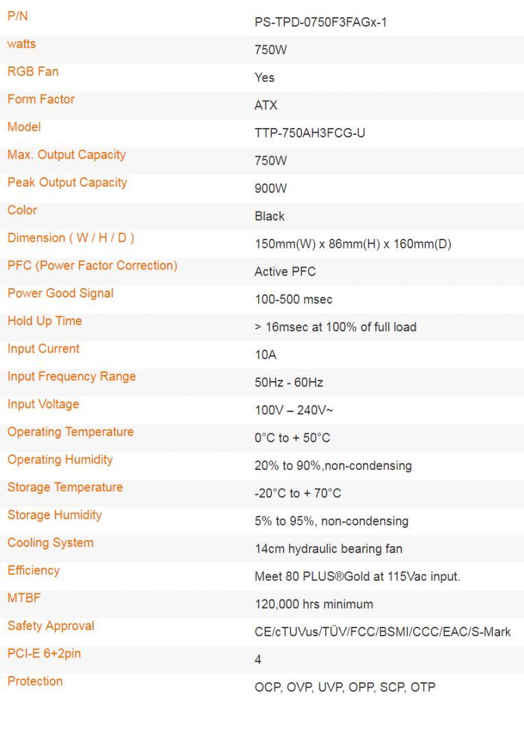 Thermaltake 750W 80+ Gold Toughpower GF1 ARGB