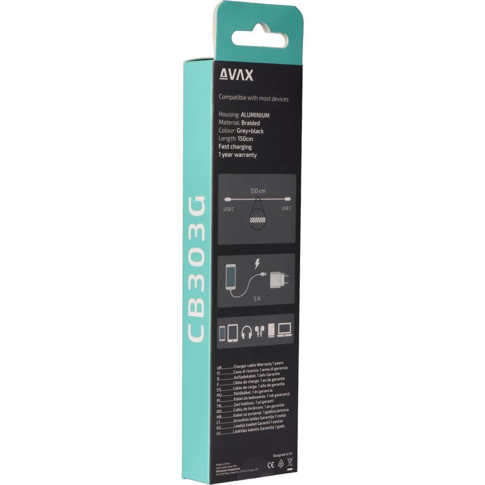 Avax USB-C to USB-C cable 1,5m Black/Grey