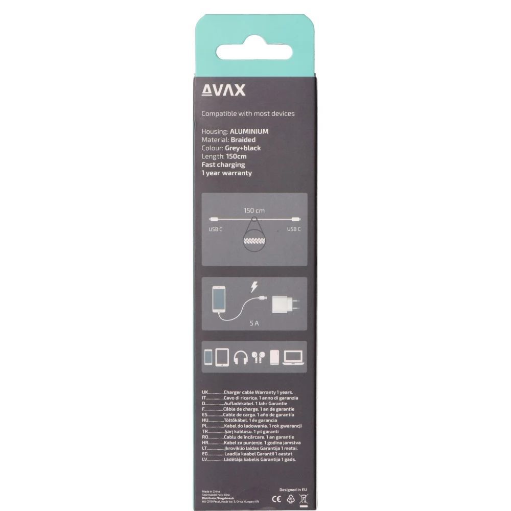 Avax USB-C to USB-C cable 1,5m Black/Grey