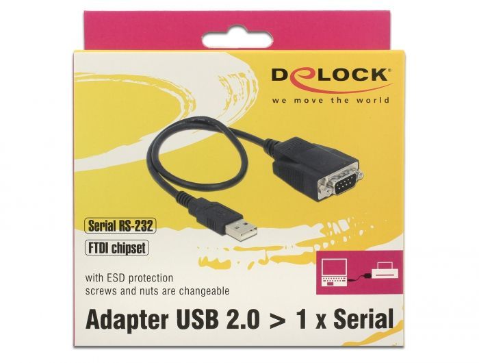 DeLock USB 2.0 Type-A male > 1x Serial RS-232 DB9 male with screws and nuts ESD protection Adapter