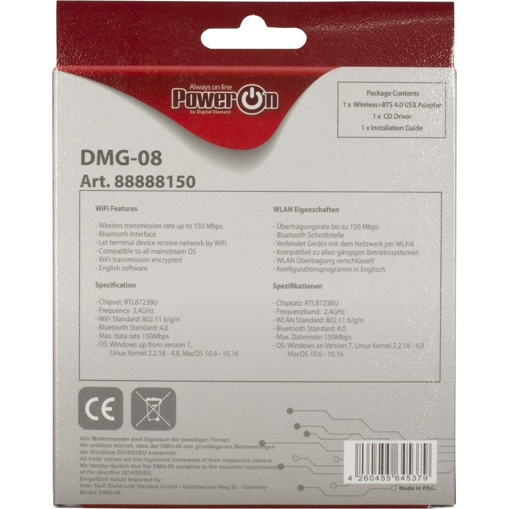 PowerON DMG-08 Wi-Fi 4 + BT4.0 USB Adapter