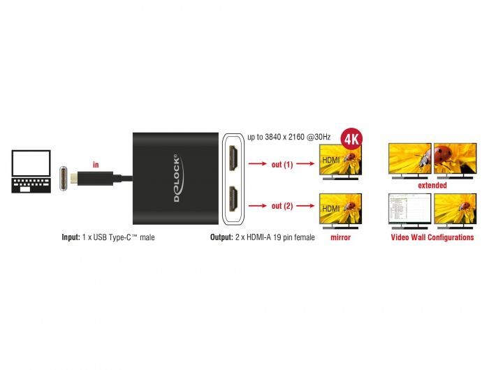 DeLock USB Type-C Splitter (DP Alt Mode) > 2x HDMI out 4K 30Hz