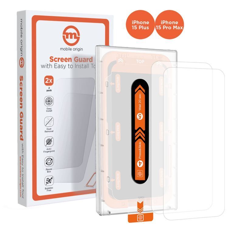 Mobile Origin Orange Screen Guard iPhone 15 Pro Max/15 Plus with easy applicator, 2 pack