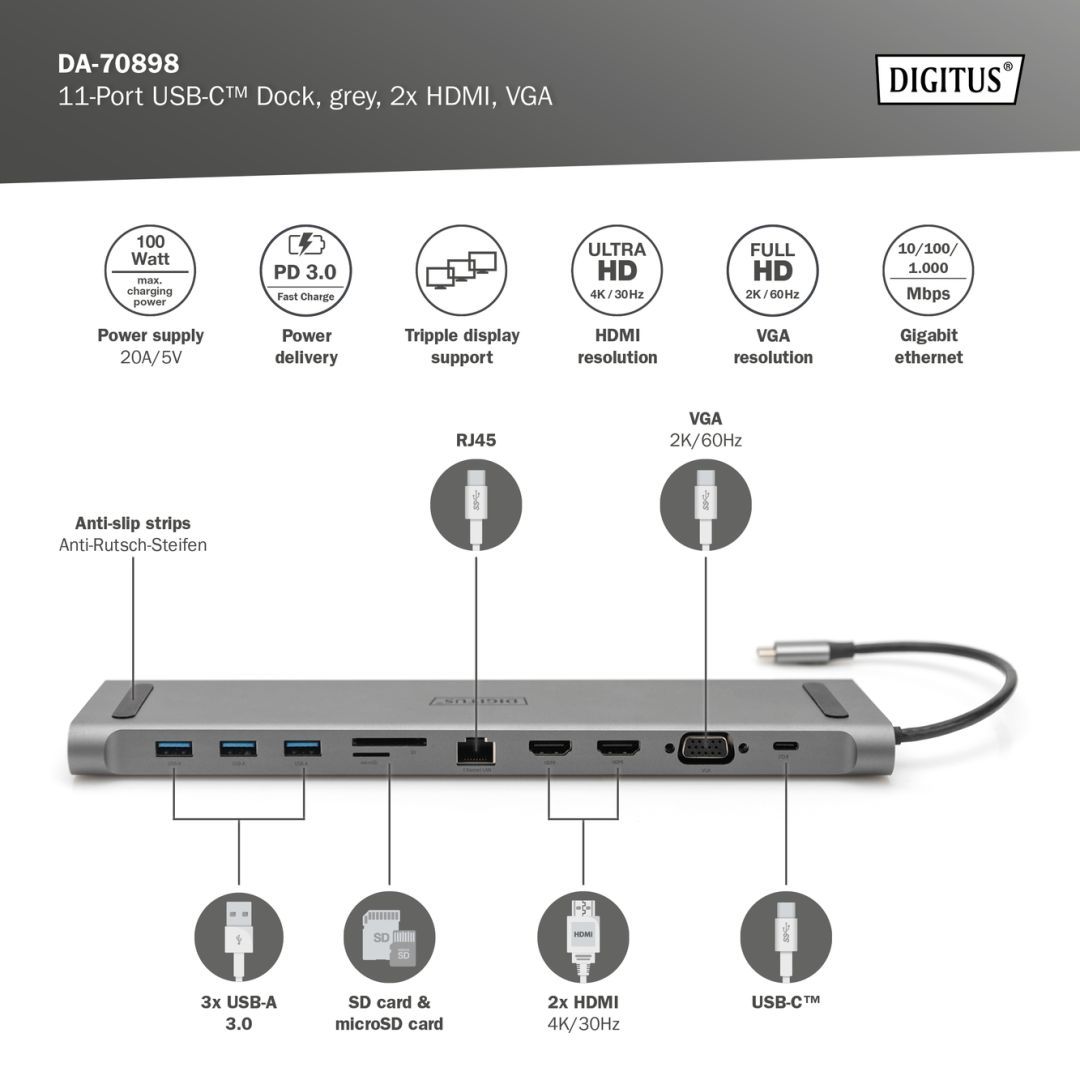 Digitus 11-Port USB-C Docking Station Grey