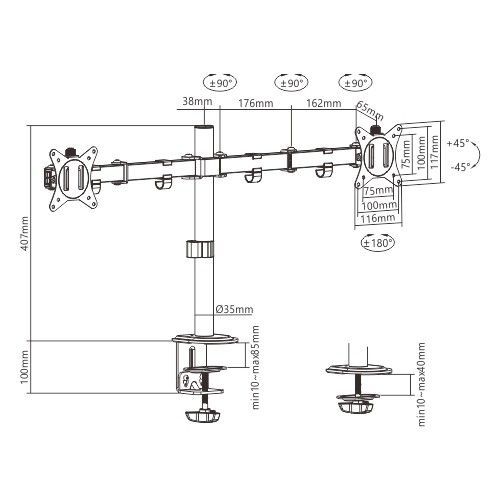 Gembird MA-D2-01 Adjustable Desk 2-Display Mounting Arm 17”-32” Black