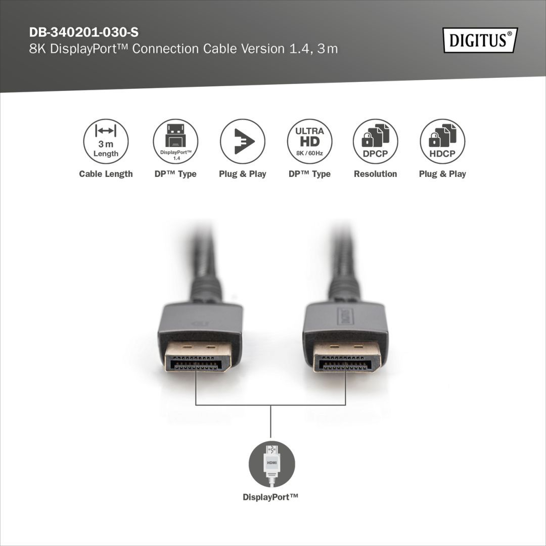 Digitus DisplayPort Connection Cable 8K 3m Black