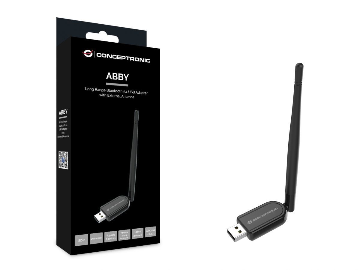 Conceptronic ABBY07B Long Range Bluetooth 5.1 USB Adapter with External Antenna Black