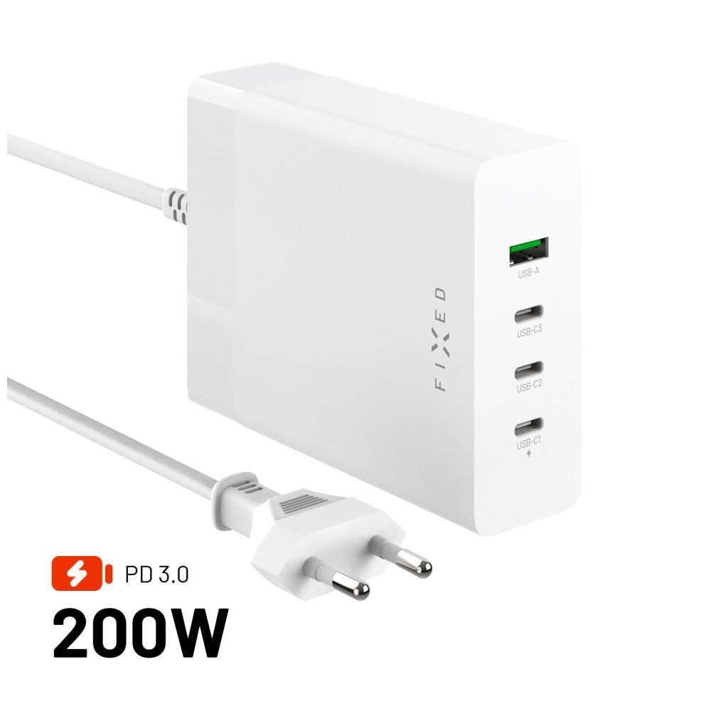 FIXED hálózati töltő állomás, 3xUSB-C/1xUSB, GaN technológia, PD 3.0 támogatás, 200W, fehér, FIXCG200-3C1A-WH