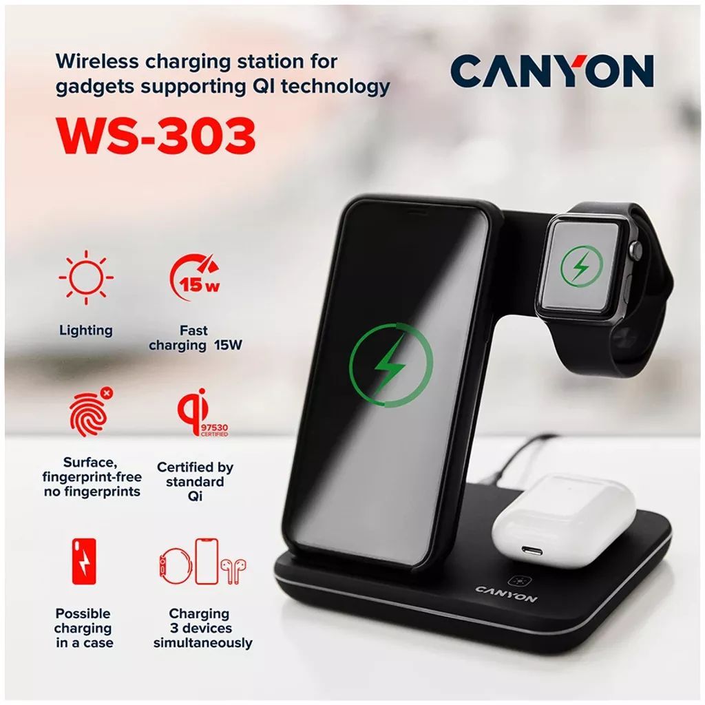 Canyon WS-303 3-in-1 Wireless Charging Station Dark Grey