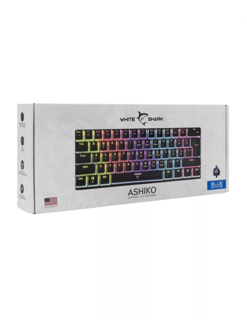 White Shark GK-2202B Ashiko Blue Switches Mechanical 60% Gaming Keyboard Black US