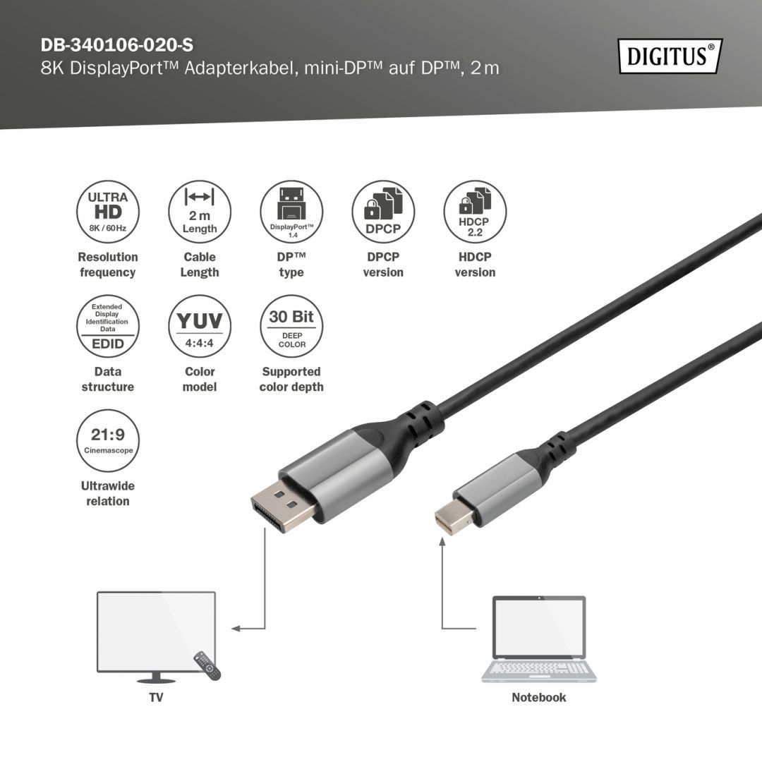 Digitus 8K DisplayPort Adapter Cable, Mini DP to DP 2m Black