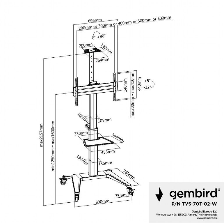 Gembird TVS-70T-02-W Aluminum TV floor stand with caster wheels 37"-70" White