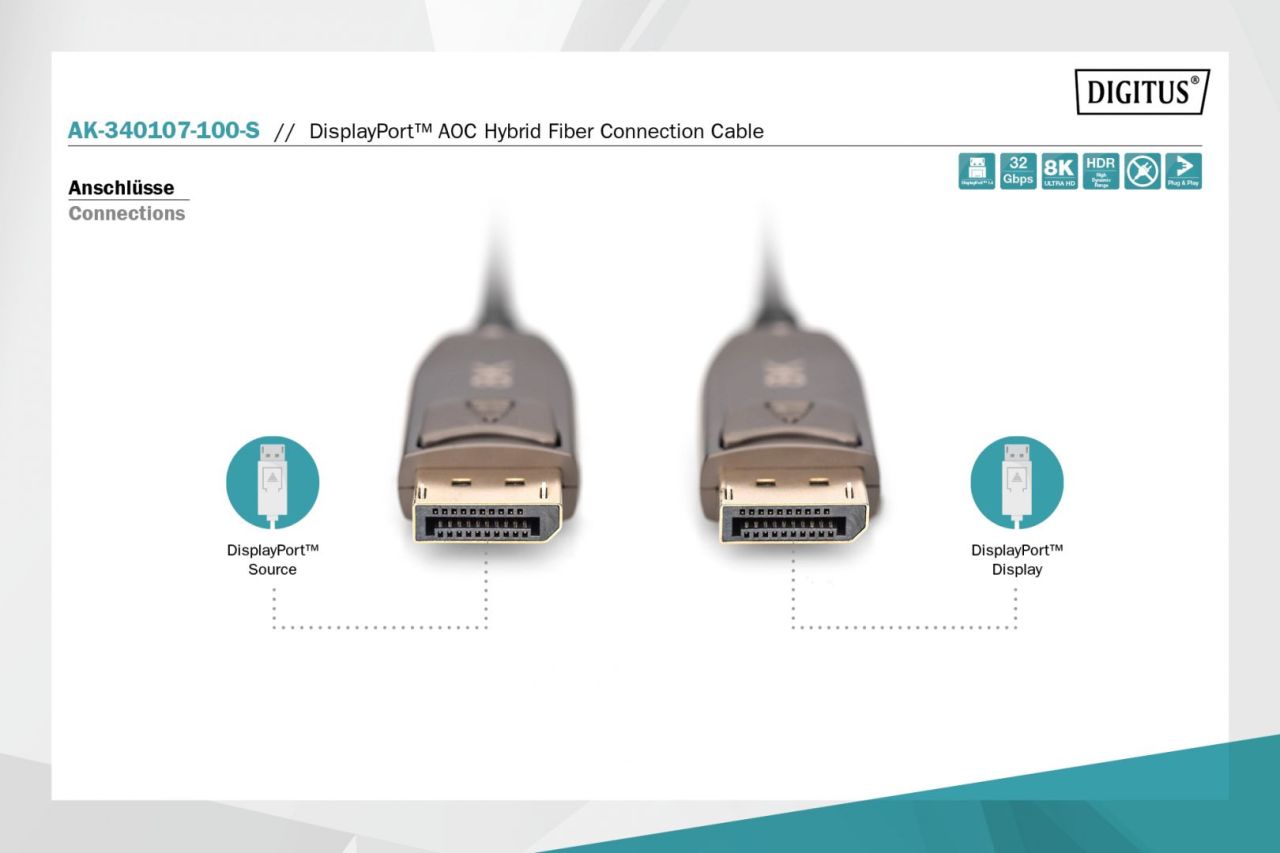 Digitus DisplayPor AOC Hybrid Fiber Optic Cable UHD 8K 10 m Black