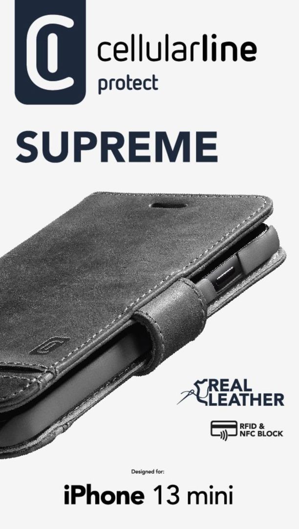 Cellularline Premium Supreme Leather Book Case for Apple iPhone 13 Mini, Black