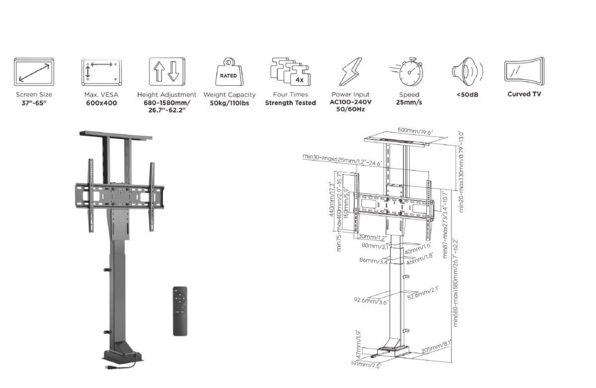 EQuip 650606 37"-65" Motorized Remote Control TV Stand