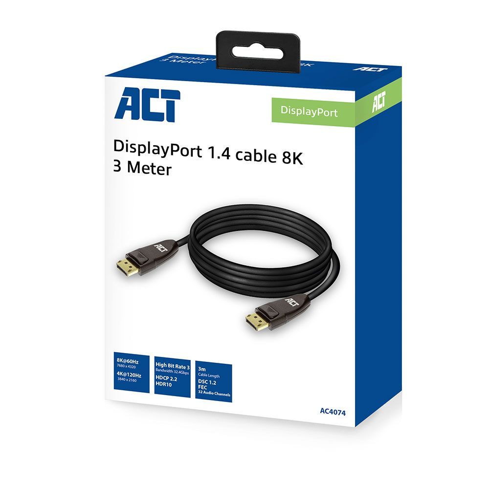 ACT AC4074 DisplayPort 1.4 cable 8K 3m Black