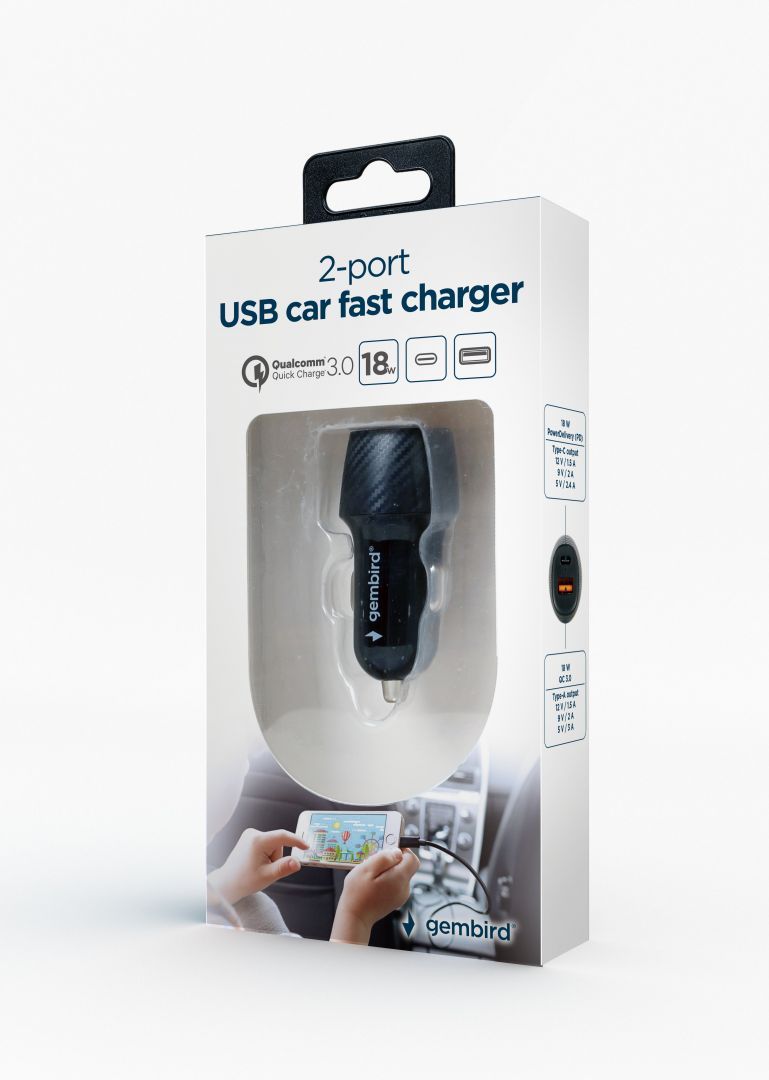 Gembird TA-U2QC3-CAR-02 2port USB Car Fast Charger QC3.0 Black