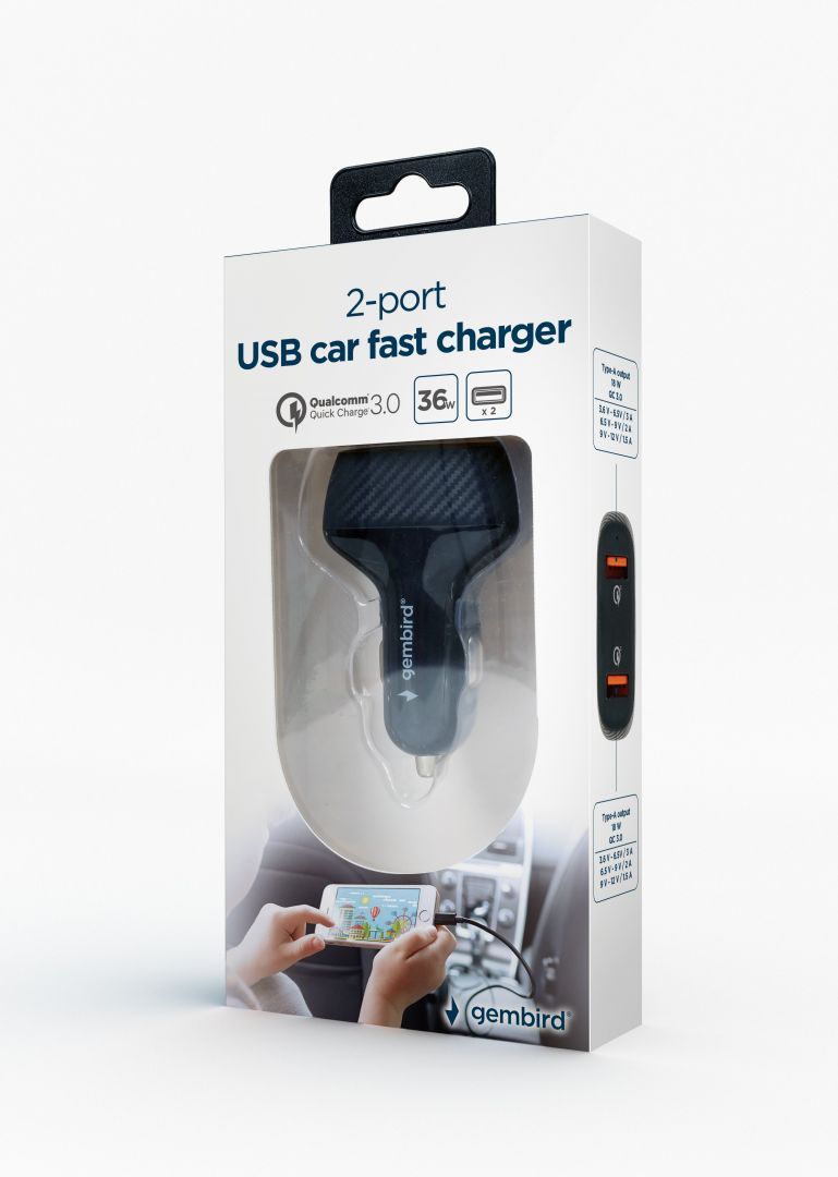 Gembird TA-U2QC3-CAR-01 2port USB Car Fast Charger QC3.0 36W Black