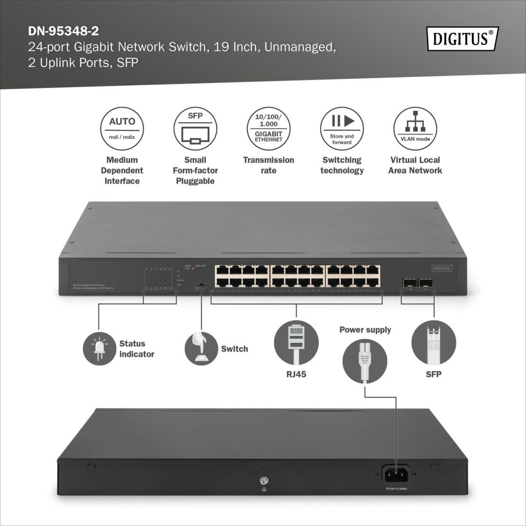 Digitus DN-95348-2 24 Port Gigabit Ethernet PoE Switch Black