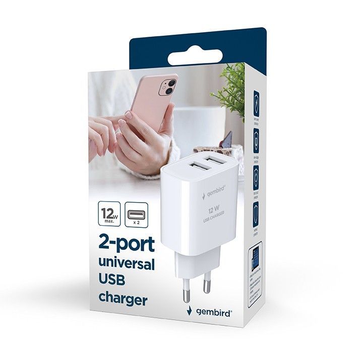 Gembird 2-Port Universal USB Charger White