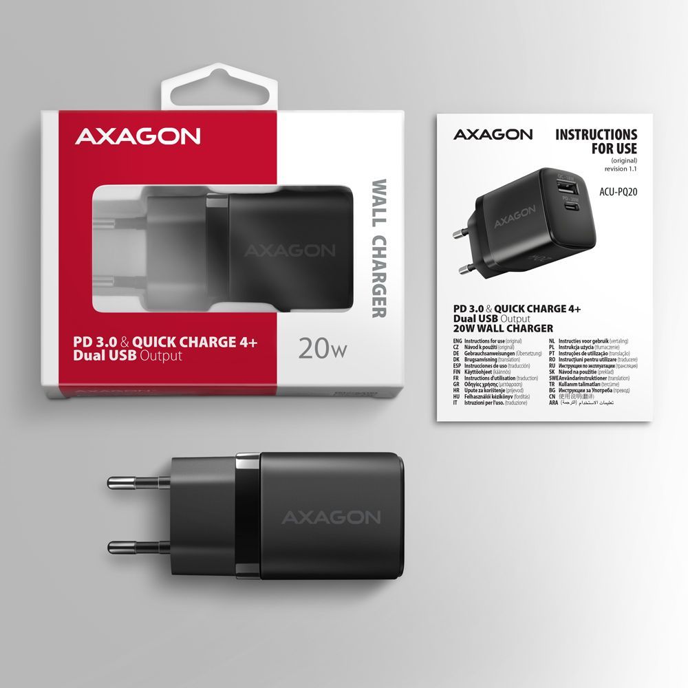 AXAGON ACU-PQ20 PD3.0 & QC4+ Dual Outputs Wall Charger 20W Black