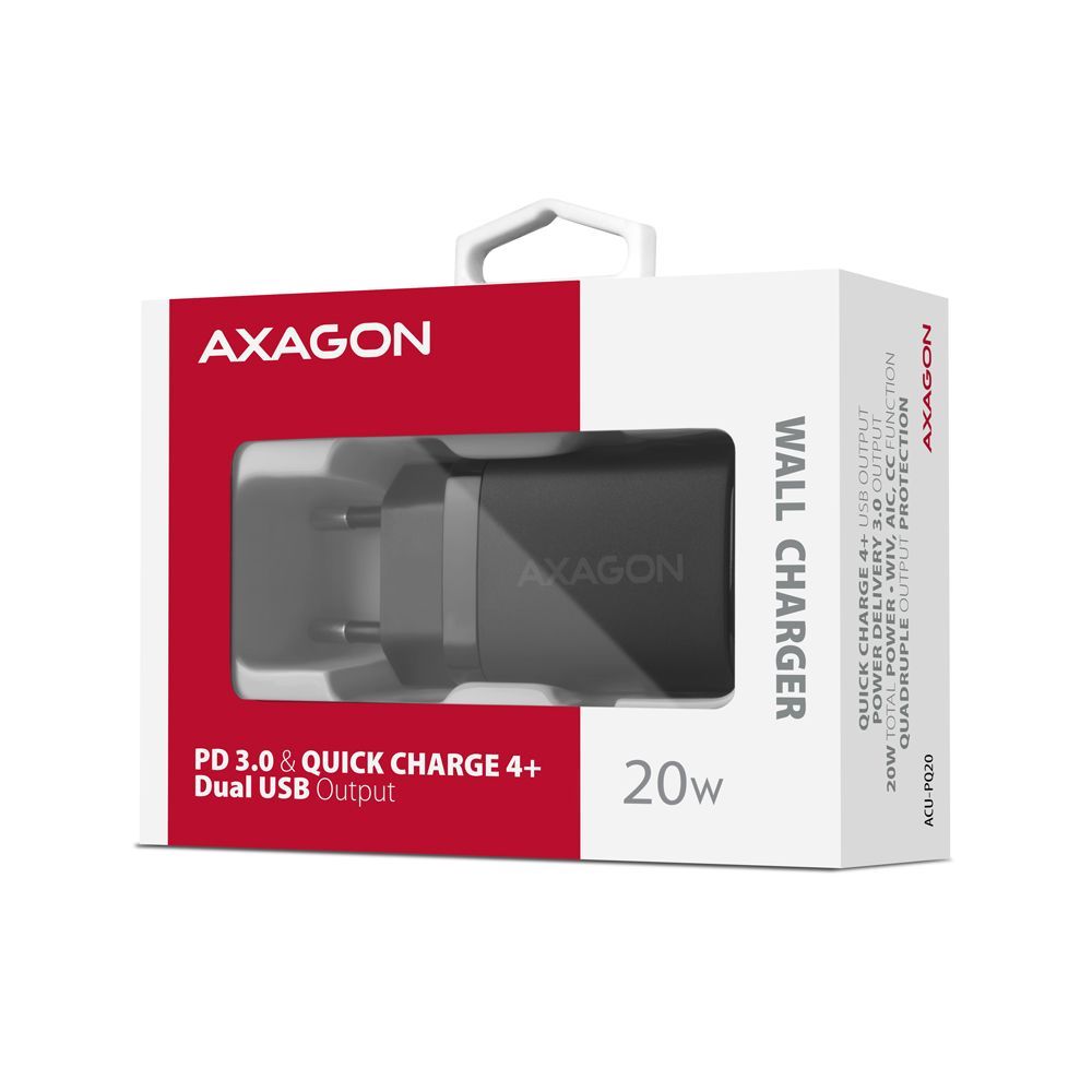 AXAGON ACU-PQ20 PD3.0 & QC4+ Dual Outputs Wall Charger 20W Black