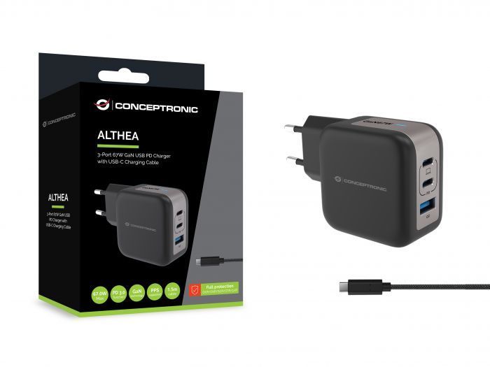 Conceptronic 3-Port 67W USB Charger Black