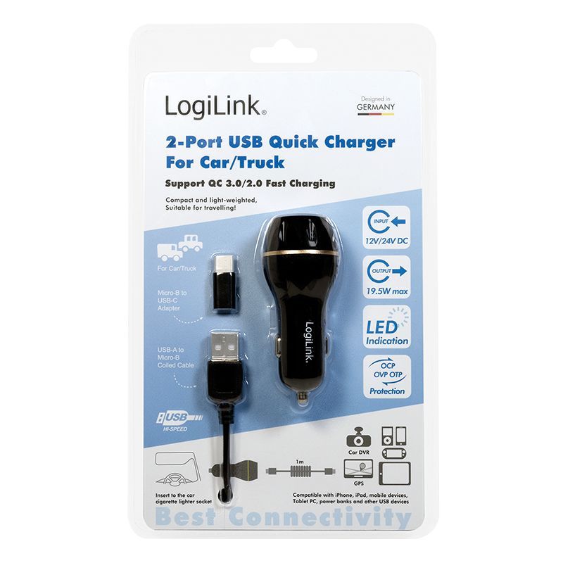 Logilink USB car charger 2xUSB ports with QC technology 19,5W Black