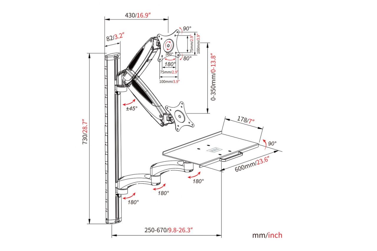 Digitus DA-90451 Workstation (monitor, keyboard, mouse) Wall Mount 32" White/Black