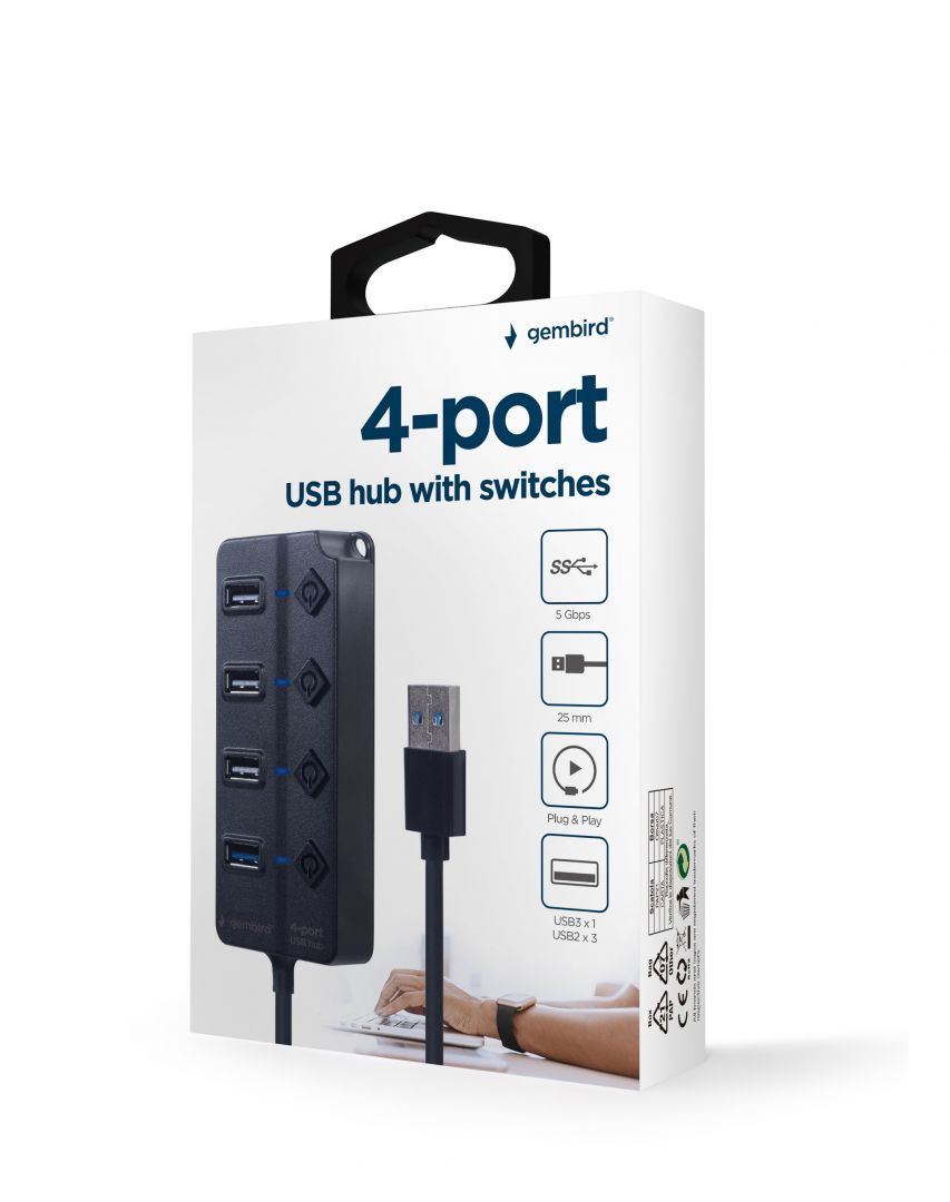 Gembird UHB-U3P1U2P3P-01 4-portos 1xUSB3.1 + 3xUSB2.0 HUB Black