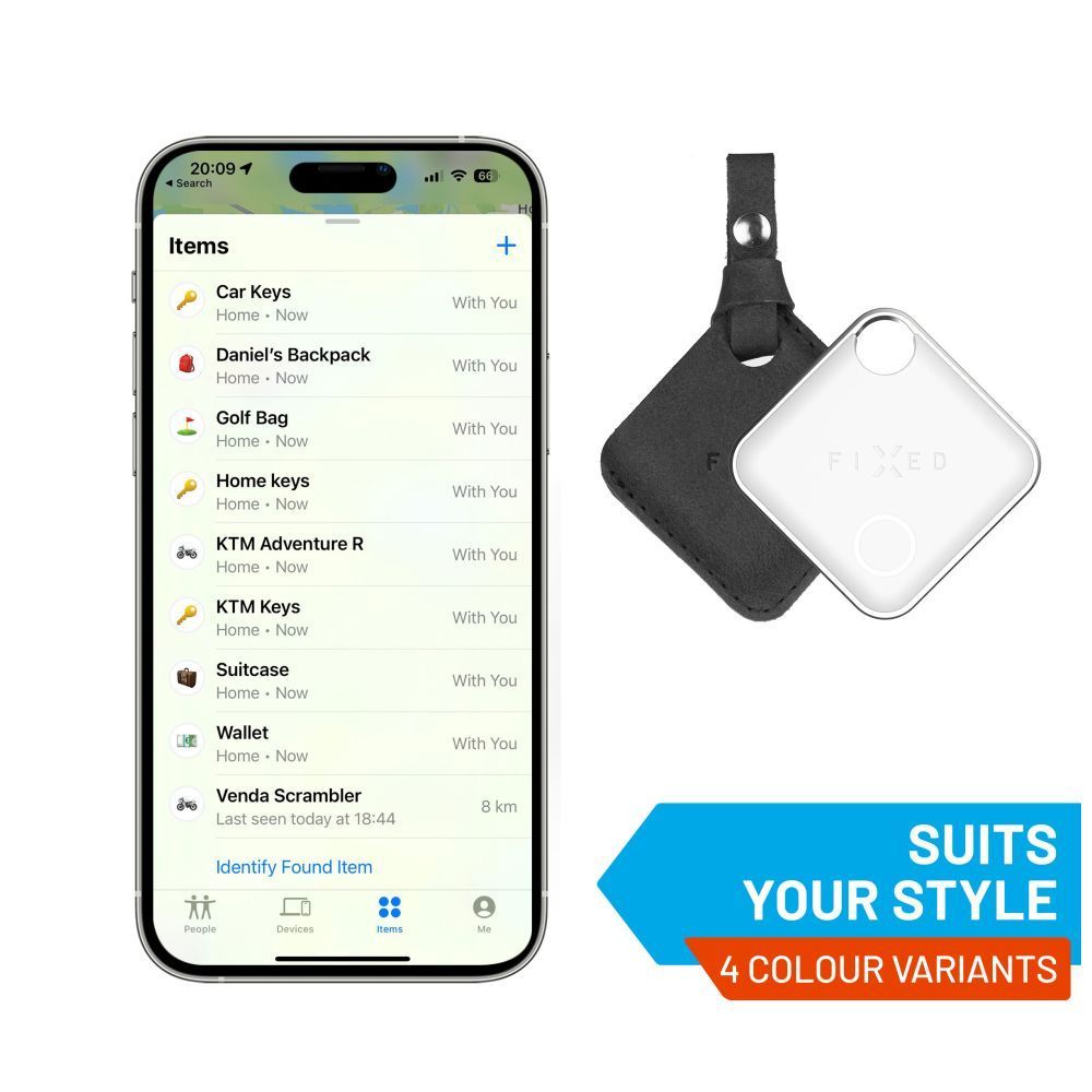 FIXED Tag intelligens helymeghatározó eszköz, Apple Find My applikációval működik, bőr tokkal, fekete