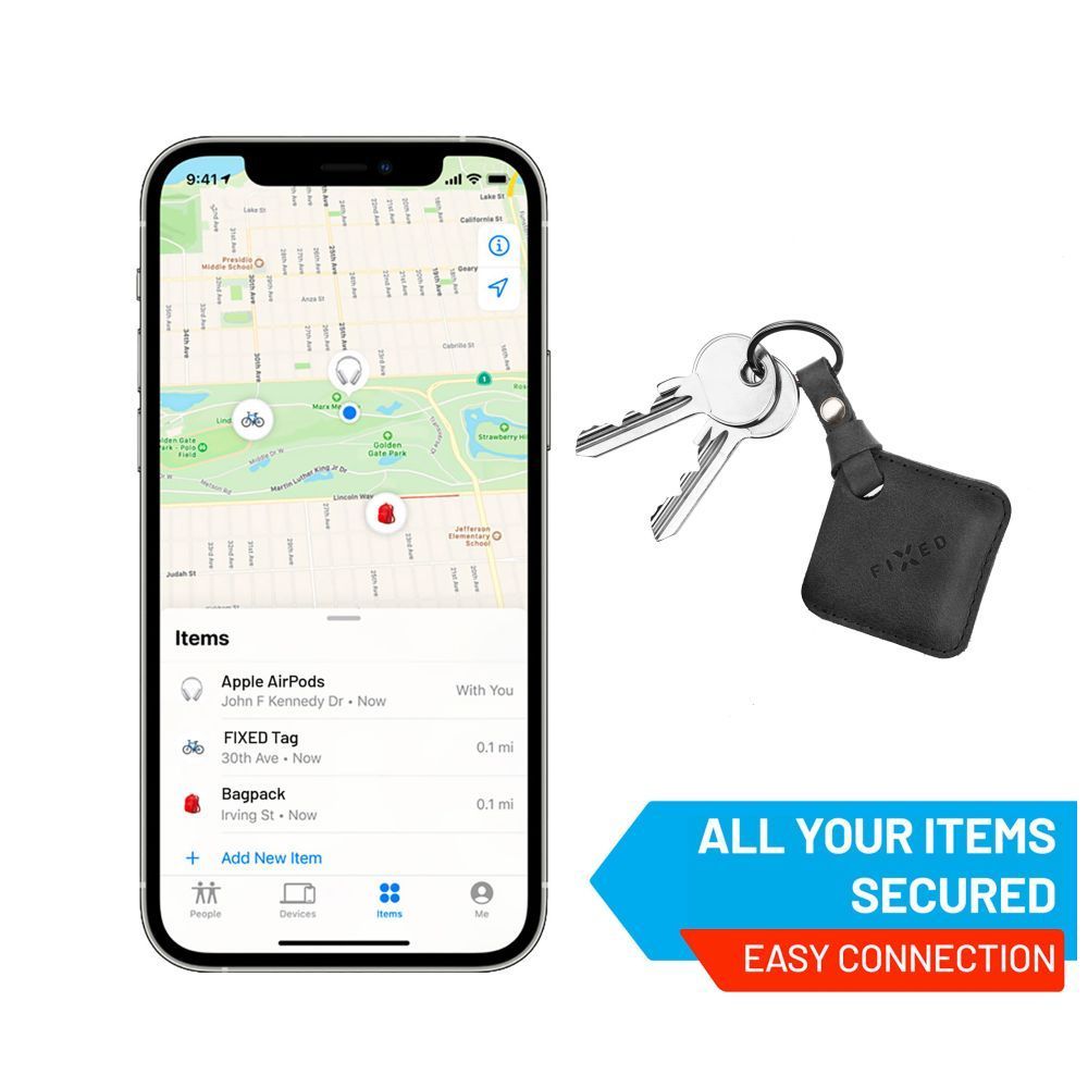 FIXED Tag intelligens helymeghatározó eszköz, Apple Find My applikációval működik, bőr tokkal, fekete