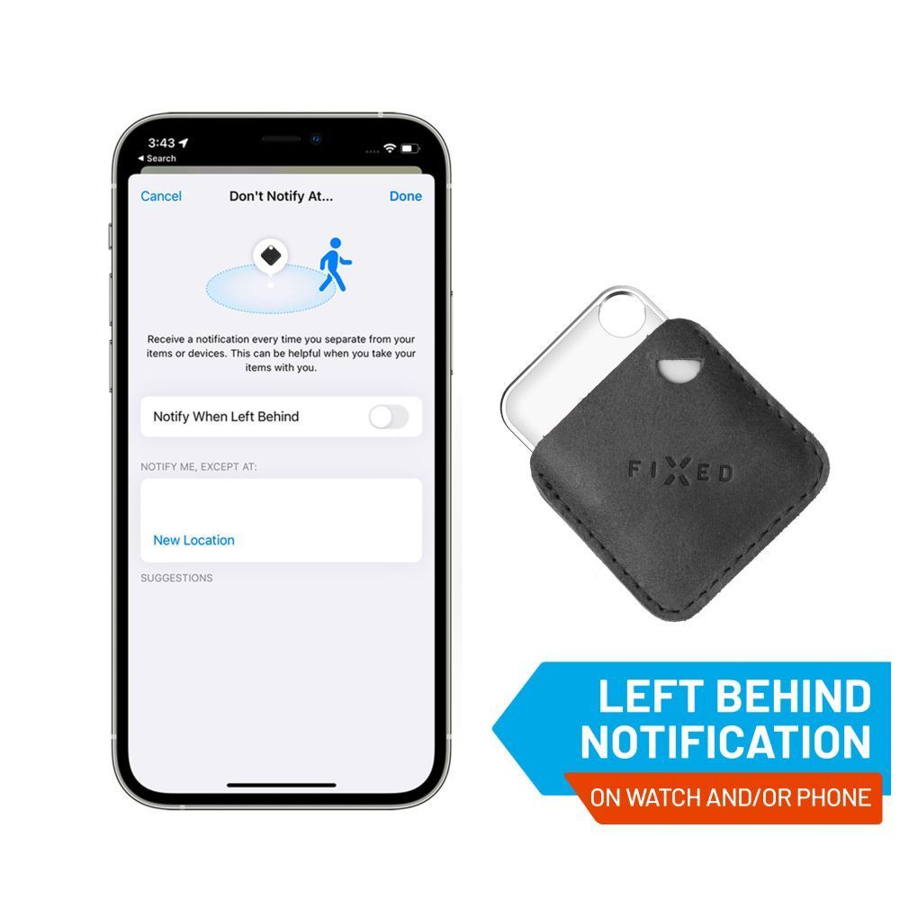 FIXED Tag intelligens helymeghatározó eszköz, Apple Find My applikációval működik, bőr tokkal, fekete
