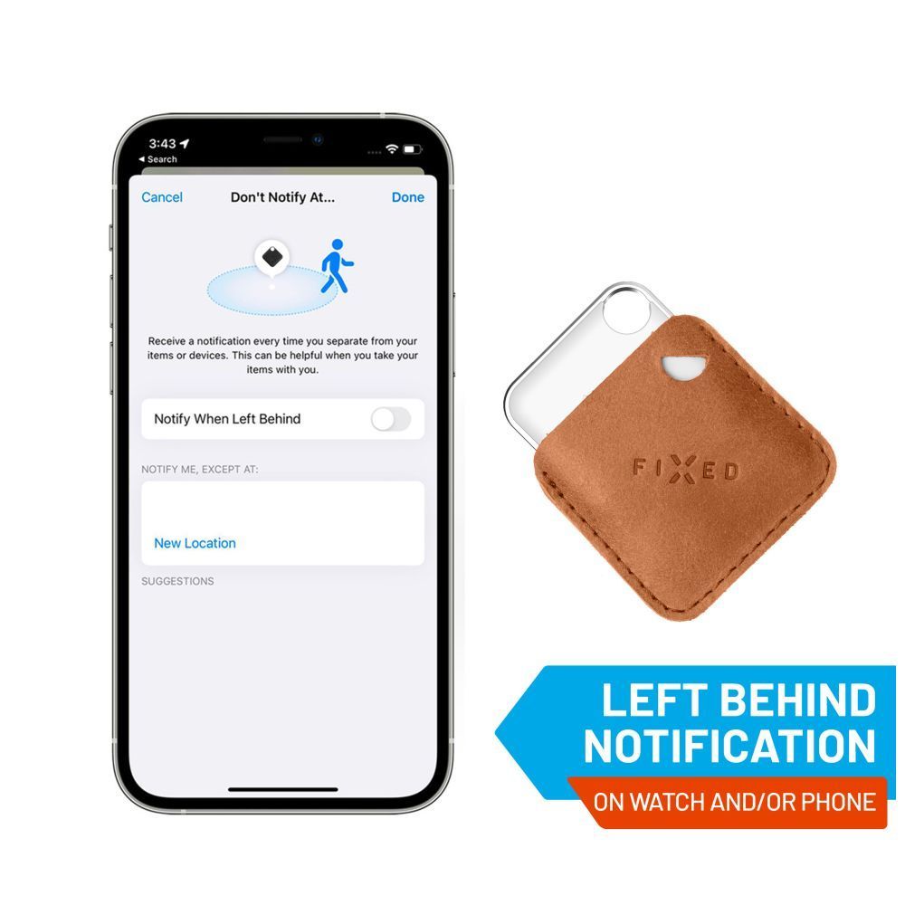 FIXED Tag intelligens helymeghatározó eszköz, Apple Find My applikációval működik, bőr tokkal, barna