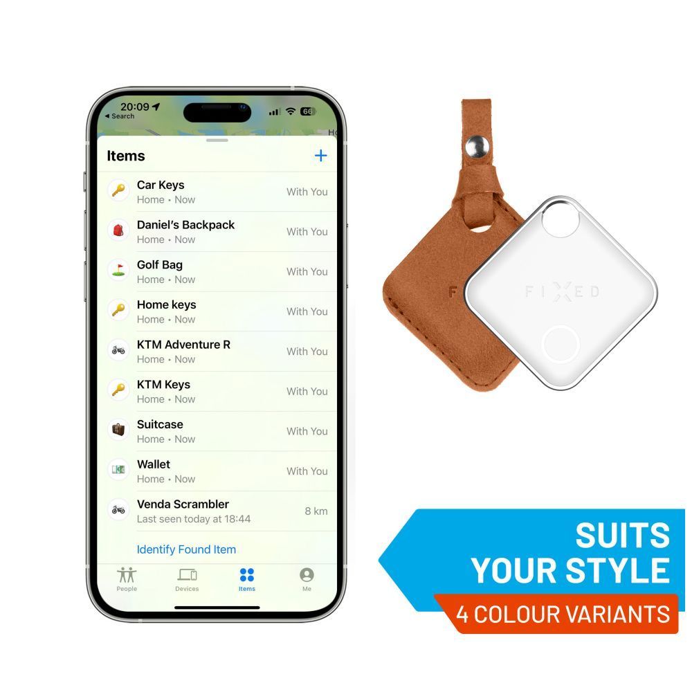 FIXED Tag intelligens helymeghatározó eszköz, Apple Find My applikációval működik, bőr tokkal, barna