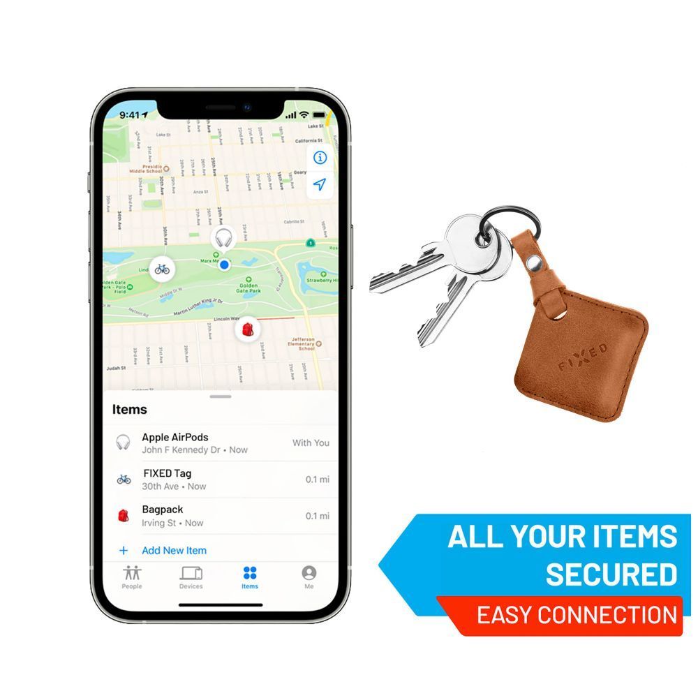 FIXED Tag intelligens helymeghatározó eszköz, Apple Find My applikációval működik, bőr tokkal, barna