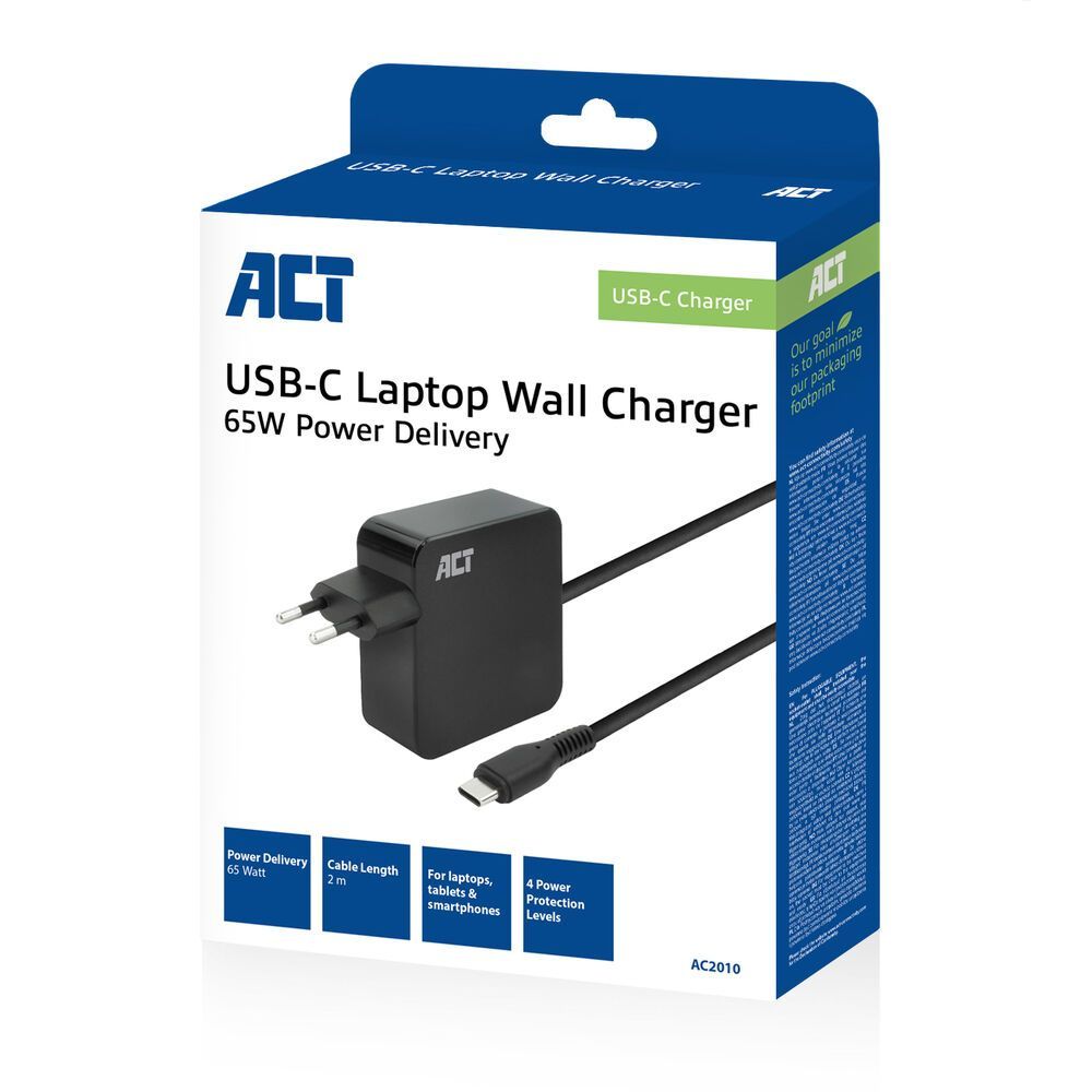 ACT USB-C laptop wall charger 65W with Power Delivery profiles 2m Black